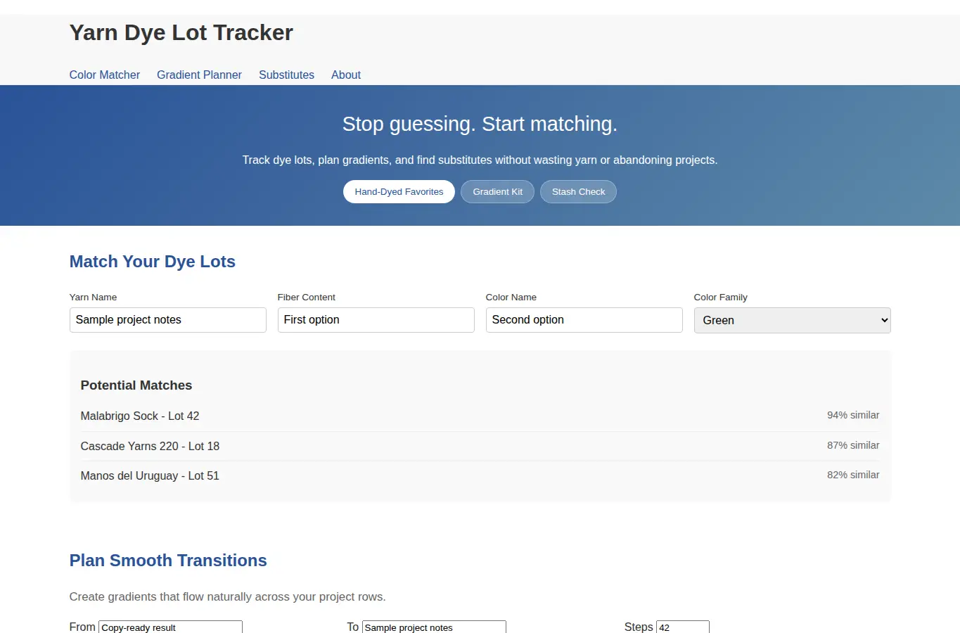 Screenshot of Yarn Dye Lot Tracker interface showing the project page in use